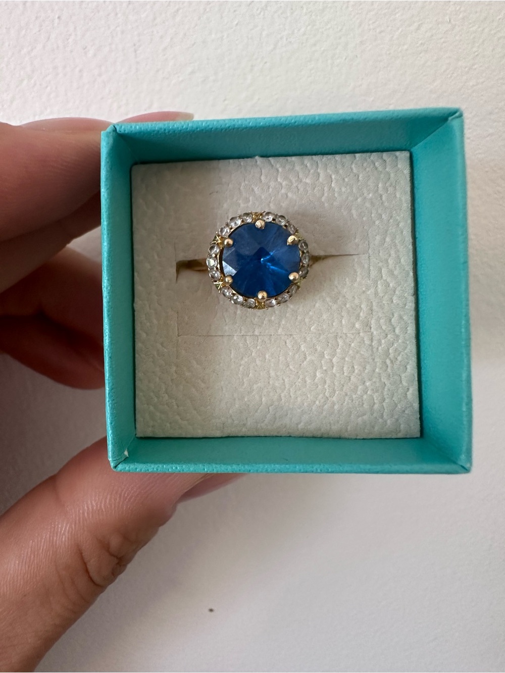 Gold Ring 18k solid with Deep Blue Sapphire and Halo Accent